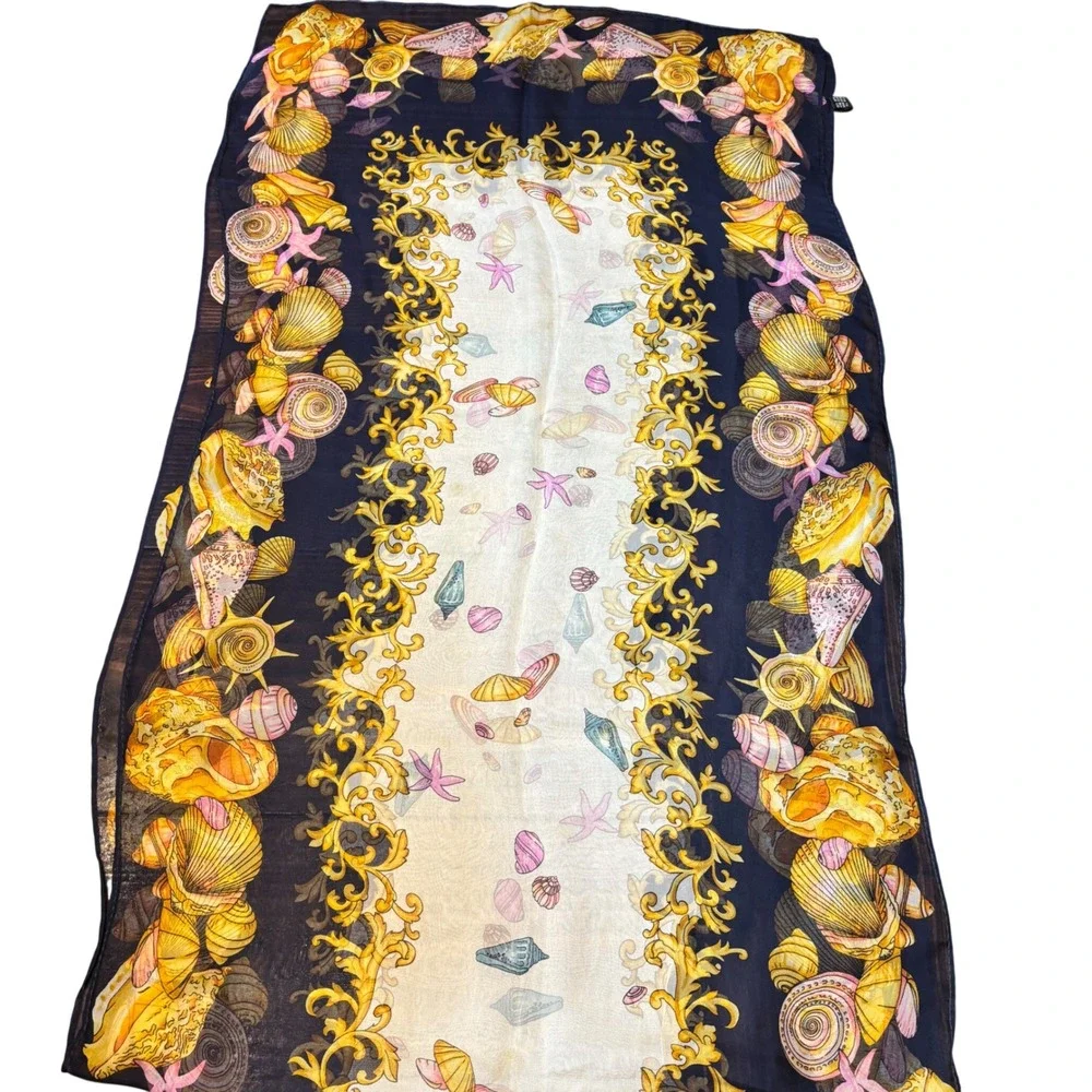 Vintage Navy Silk Scarf Seashells Coral Starfish Border Print 66x20 Large Italy - Picture 1 of 5